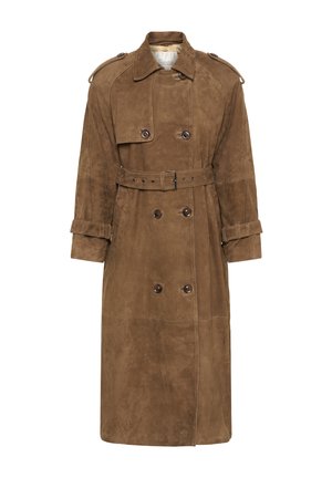 Hosszú barna velúr trench coat, dupla gombolású gombokkal, övvel a deréknál és mandzsettákkal, vállapokkal és gallérral.