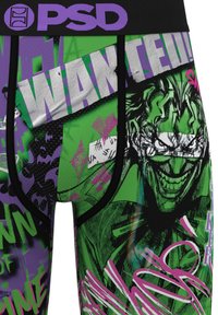 Boxer da uomo con un design vivace in stile fumetto verde, nero e viola, con una grafica distintiva e testo stilizzato.