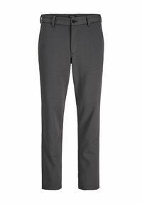 Pantalon slim gris foncé avec passants de ceinture, fermeture à boutons et braguette, présenté sur un fond blanc.