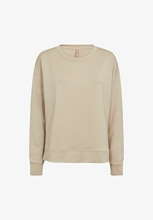 Beiger Sweatshirt aus weichem Stoff mit Rundhalsausschnitt, überschnittenen Schultern, langen Ärmeln und lockerer Passform, ausgestattet mit minimalen Nähten und einer subtilen Textur.