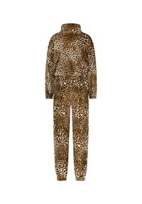 Lauva raksta treniņtērps brūnā un persiku krāsā. Raksturīga augsta apkakle un garas piedurknes, kā arī saderīgi sašaurināti bikses. Mīksts, teksturēts materiāls.