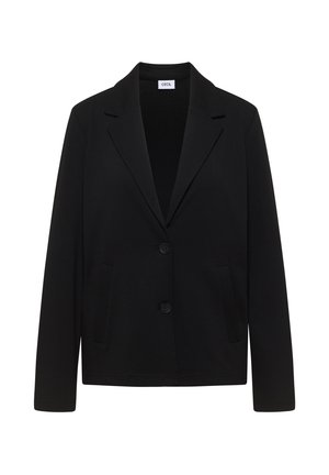 Blazer negra con solapas de muesca, dos botones frontales y dos bolsillos laterales, con la etiqueta "Cecil" en el interior del cuello.