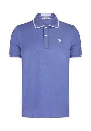 Lichtpaarse polo met korte mouwen, witte bies op kraag en manchetten, twee knopen, en klein wit vogel-logo op de linkerborst.