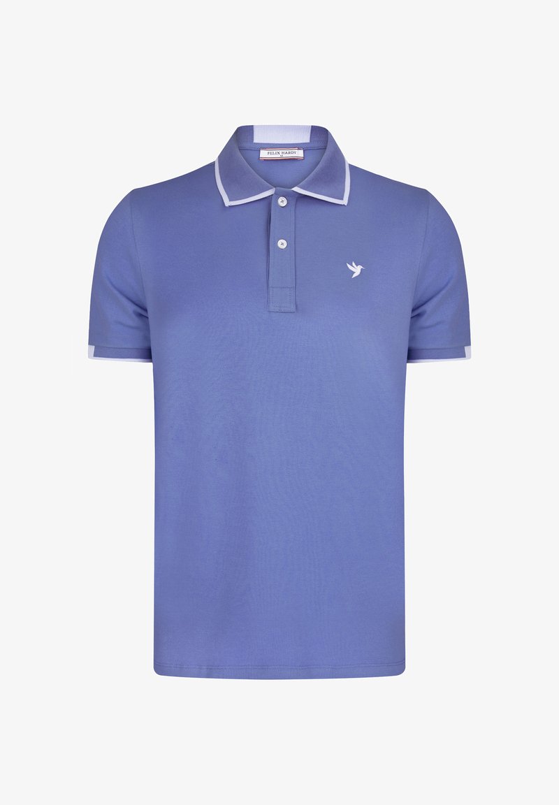 Hellviolettes kurzärmliges Poloshirt mit weißem Besatz an Kragen und Bündchen, zwei Knöpfen und kleinem weißem Vogel-Logo auf der linken Brust.