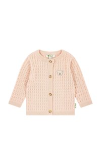 Růžový pletený kardigán s texturovaným vzorem, kulatým výstřihem a třemi zlatými knoflíky. Na prsou se nachází malý design medvídka.