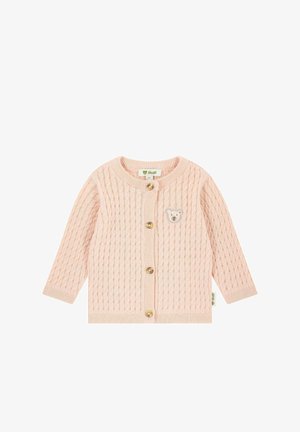 Cardigan rosa lavorato a maglia con un motivo testurizzato, scollatura rotonda e tre bottoni dorati. Presenta un piccolo design di orsetto sul petto.