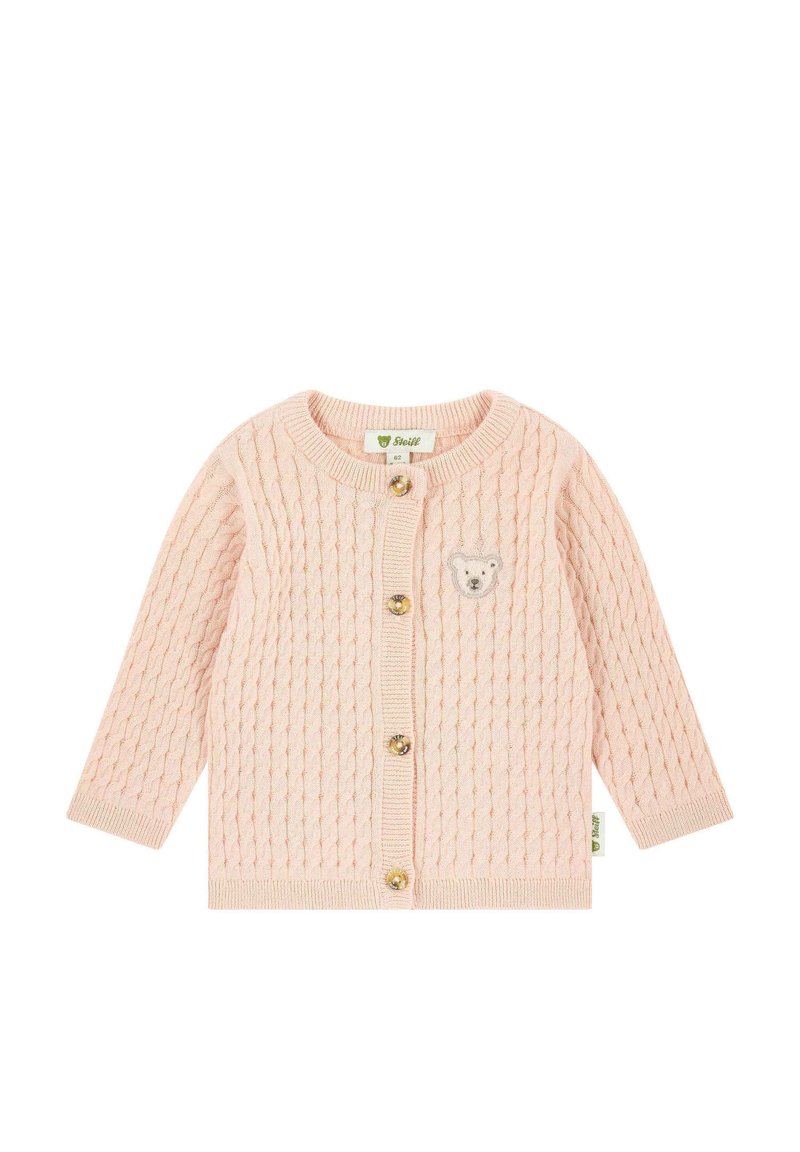 Růžový pletený kardigán s texturovaným vzorem, kulatým výstřihem a třemi zlatými knoflíky. Na prsou se nachází malý design medvídka.