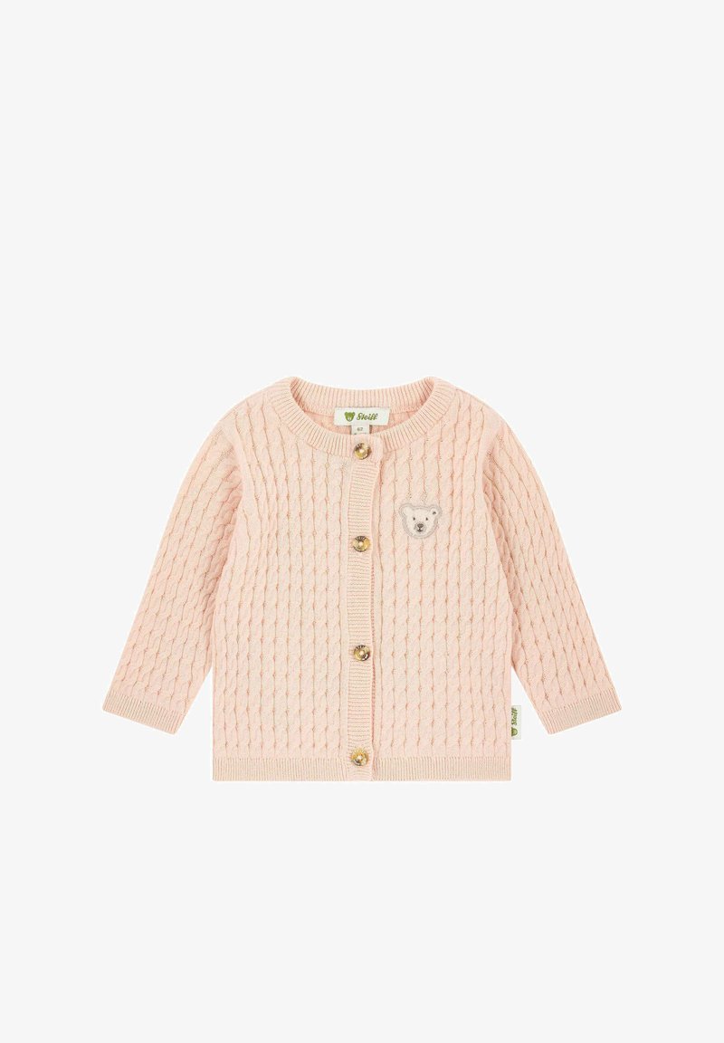 Růžový pletený kardigán s texturovaným vzorem, kulatým výstřihem a třemi zlatými knoflíky. Na prsou se nachází malý design medvídka.