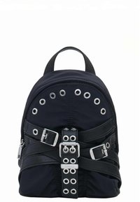 Black nylon backpack with silver hardware, featuring grommet details and leather straps. Rounded top design and top handle for carrying.