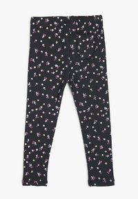 Mustat legginsit, joissa on uritettu pinta ja monivärinen kukkakuosi. Sisältää takataskun.