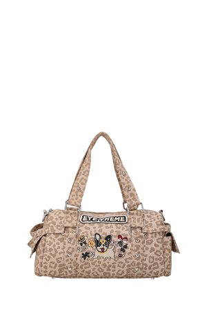 Beige handtas met luipaardprint, dubbele handvatten, "Eyetheme" patch en geborduurde hond en bloemen aan de voorkant.