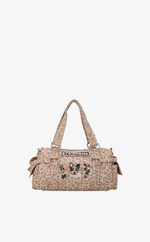 Sac à main beige à imprimé léopard avec double anses, patch "Eyetheme" et chien brodé avec des fleurs sur le devant.