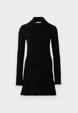 Black long-sleeve mini dress with a wide collar, fitted waist, and slightly flared hem, displayed on a white background.