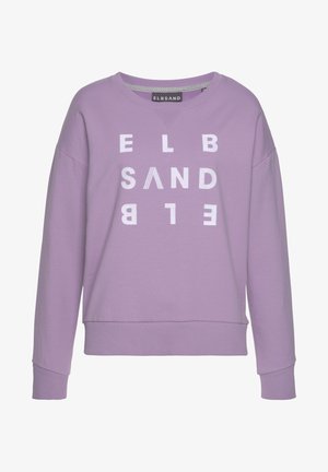 Purple sweatshirt made from soft cotton blend. Features oversized fit, ribbed cuffs, and bold, contrasting white text design.