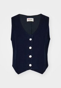 Ναυτικό τζην γιλέκο χωρίς μανίκια με V-τρίγωνο, πέντε μεταλλικά κουμπιά μπροστά και προσαρμοσμένη γραμμή. Μαλακή υφή και εφαρμοστή σιλουέτα.