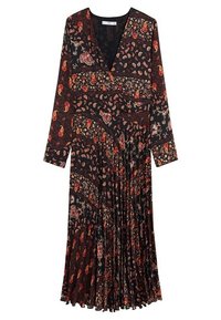 Robe noire à manches longues avec un profond décolleté en V, présentant un motif paisley et floral en rouge, orange et beige, avec une jupe plissée.