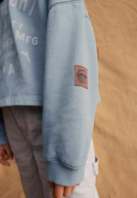 Felpa azzurro chiaro, realizzata in cotone, presenta una scritta grafica bianca, polsini a costine e un'etichetta marrone con "Superdry" sulla manica.