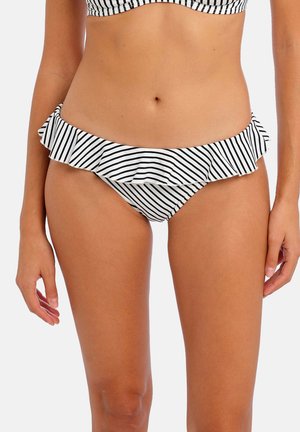 Zwart-wit gestreepte bikini onderkant met een ruches tailleband, gemaakt van zachte stof, ontworpen voor een aansluitende silhouet.