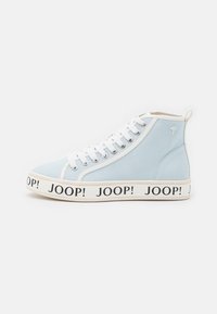 High-top sneakers in light blue canvas with white laces, featuring a rubber sole, cream accents, and "JOOP!" branding around the sole.