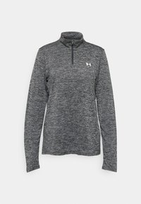 Graues, meliertes Langarm-Pullover mit Viertel-Reißverschluss aus weichem Stoff, ausgestattet mit hohem Kragen und kleinem Logo auf der linken Brust.