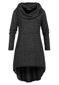 Langermet kjole i kullgrå med cowl-hals, høy-lav nederkant og textured stoff. Har en glatt overflate og avslappet silhuett.