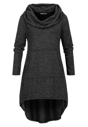 Langærmet kjole i kulfarvet med en hættehals, asymmetrisk kant og struktureret stof. Har en glat overflade og en afslappet silhuet.