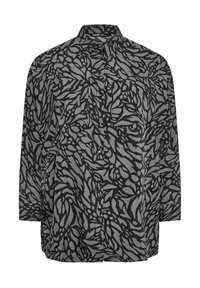 Long-sleeve shirt in black with gray abstract leaf pattern, featuring a button-up front and collar, made of lightweight fabric.