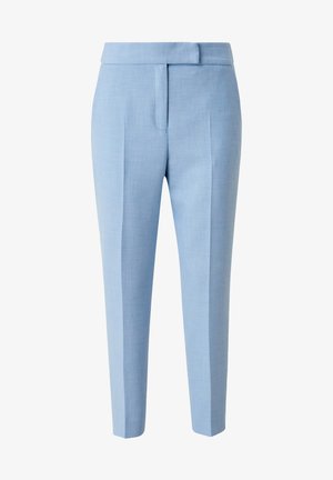 Pantalones ajustados azul claro con pliegue delantero, cintura y cierre frontal oculto, mostrados sobre un fondo blanco.
