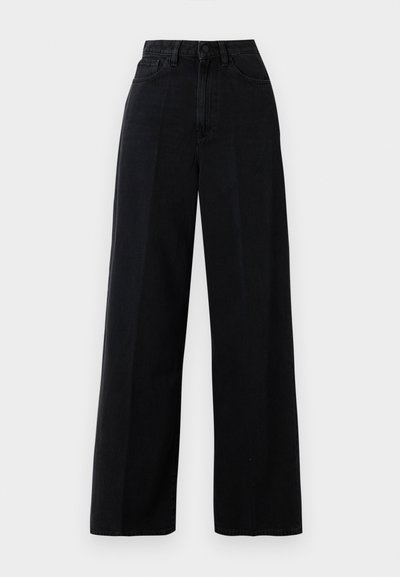 Μαύρες φαρδιές τζιν παντελόνες από τζιν ύφασμα, με ψηλή μέση, μπροστινές τσέπες και κλείσιμο με κουμπί. Το ύφασμα έχει απαλή υφή.