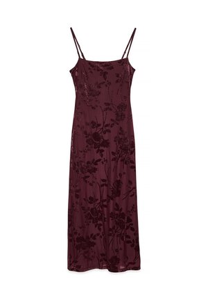 Sleeveless burgundy midi dress with thin double straps and subtle floral velvet pattern throughout.