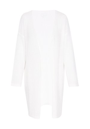 Weiße Strickjacke aus weichem, strukturiertem Material. Sie hat eine lockere Passform, eine offene Vorderseite und dreiviertellange Ärmel. Einfaches Design, ohne Muster oder Akzente.