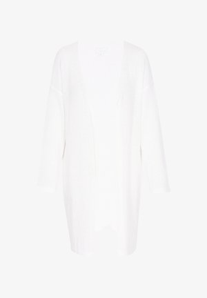 Fehér kardigán, puha, texturált kötésből. Lazán illeszkedő fazon, nyitott elülső rész és háromnegyedes ujj. Egyszerű dizájn, minta vagy kiegészítők nélkül.