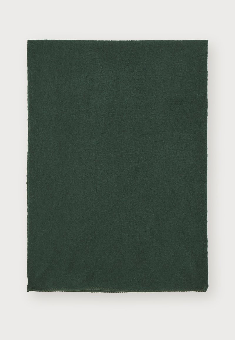 Mørkegrønn, rektangulær teppe med en myk tekstur. Kantene er pent sydd, noe som gir en jevn finish. Minimalistisk design uten mønstre.