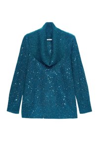 Miętowy sweter z prążkowanym, dużym golfem, z błyszczącym wykończeniem i długimi rękawami. Teksturowany z rozproszonymi cekinami na całej powierzchni.