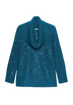 Pull bleu sarcelle avec un col cheminée large côtelé, finition scintillante et manches longues. Texturé avec des sequins dispersés partout.