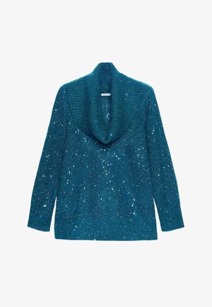 Turquoise trui met een geribde, oversized col met een sprankelende afwerking en lange mouwen. Getextureerd met verspreide pailletten over het hele oppervlak.