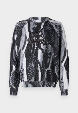 Black and white patterned sweatshirt with a textured knit design, featuring a raised black logo on the front and ribbed cuffs and hem.