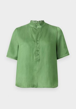 Groen shirt met korte mouwen, een hoge geplooide kraag, knoopsluiting aan de voorkant en een gladde textuur. Rechte snit met een casual ontwerp.