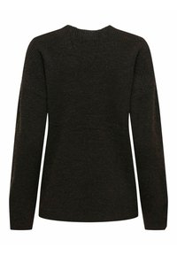Maglione marrone scuro con texture a coste, scollatura a V e maniche lunghe. Il retro presenta una finitura liscia, design minimalista, senza hardware visibile.