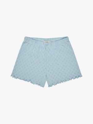 Pantaloni scurți tricotati bleu deschis, cu un model subtil de diamante și margini ondulate, prevăzuți cu talie elastică.