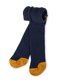 Marineblaue knielange Socken mit orangefarbenen Akzenten an den Zehen. Hergestellt aus weichem, elastischem Material, mit einer glatten Textur und ohne sichtbare Muster.