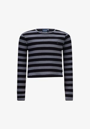Gestreifter, langärmliger, kurzer Pullover in Schwarz und Grau mit gerippter Textur und Logodetail auf der Brust. Rundhalsausschnitt, enganliegende Ärmel.