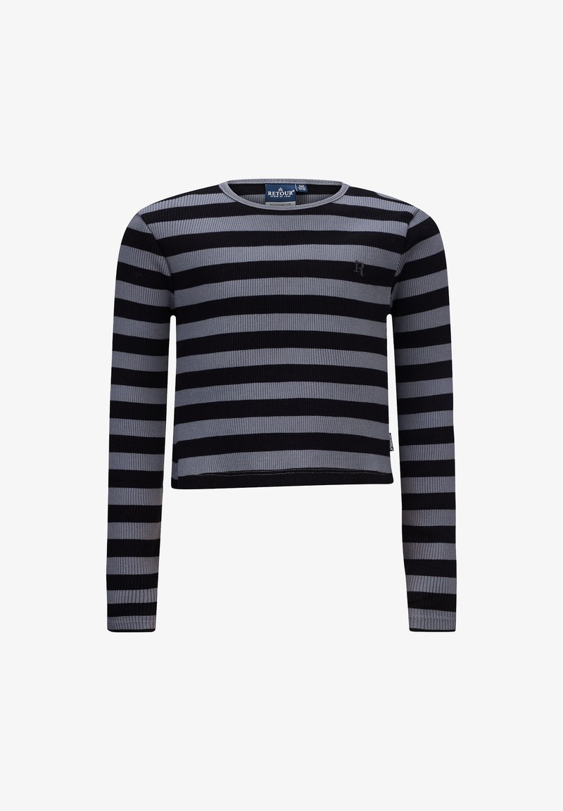 Zwart en grijs gestreepte langslapige cropped trui met ribbelstructuur en logo-detail op de borst. Ronde halslijn, aansluitende mouwen.