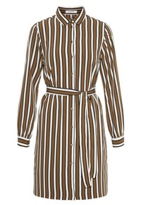 Abito camicia a righe marroni e bianche con chiusura a bottoni sul davanti, maniche lunghe, colletto e una cintura abbinata in vita.