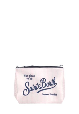 Piccola pochette righe rosa e bianche con zip e testo blu navy con la scritta "The place to be Saint Barth Summer Paradise."