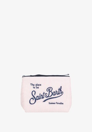 Piccola pochette righe rosa e bianche con zip e testo blu navy con la scritta "The place to be Saint Barth Summer Paradise."