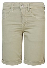 Shorts en denim beige avec un revers, cinq poches et un bouton à l'avant. Texture lisse et design décontracté pour les temps plus chauds.