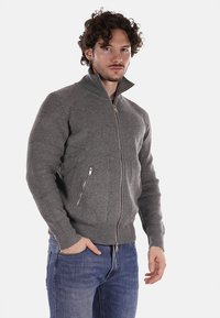 Maglione grigio con zip in morbido tessuto a coste, dotato di tasche laterali e colletto alto. Indossato con jeans blu.