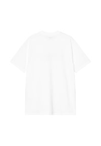 Biała bawełniana koszulka z krótkim rękawem, okrągłym dekoltem i luźnym krojem. Tył jest gładki, bez widocznych grafik lub logo.