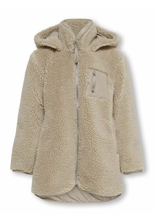 Beżowa kurtka polarowa z kapturem, zapinana z przodu na zamek błyskawiczny, z zasuwaną kieszenią na piersi, wykonana z miękkiego, teksturowanego materiału przypominającego misia teddy.